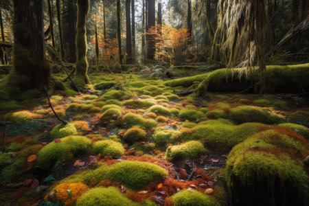 close-up of a forest floor filled with colorful moss, surrounded by towering trees, created with generative aiの素材