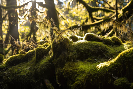 close-up of moss, with sun shining through the forest canopy, created with generative aiの素材