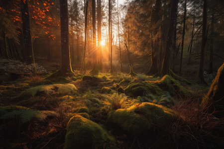 sunset, with view of the forest and its mossy trees bathed in golden light, created with generative aiの素材