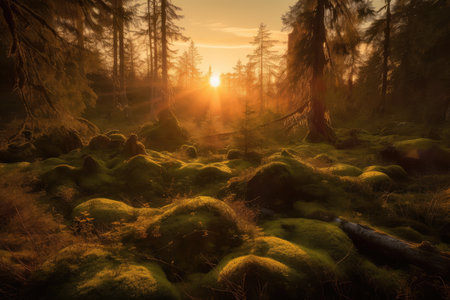 sunset, with view of the forest and its mossy trees bathed in golden light, created with generative aiの素材
