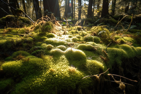 close-up of moss on the ground, with sunlight shining through the canopy, created with generative aiの素材