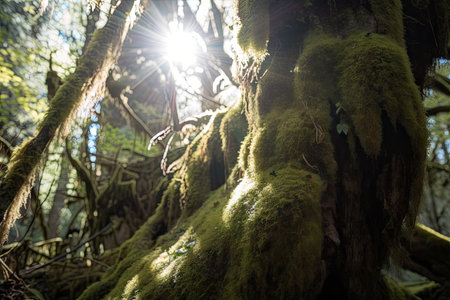 close-up of mossy tree trunk, with sunlight filtering through the canopy, created with generative aiの素材