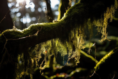 close-up of moss, with sunlight filtering through the trees, created with generative aiの素材