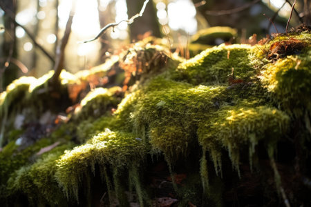 close-up of moss, with sunlight shining through the trees, created with generative ai