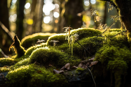close-up of moss, with sunlight shining through the trees, created with generative aiの素材