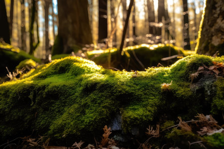 close-up of moss, with sunlight shining through the trees, created with generative aiの素材