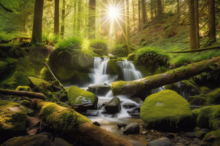 sunny forest with mossy rocks and waterfall in the background, created with generative aiの素材