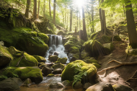 sunny forest with mossy rocks and waterfall in the background, created with generative aiの素材