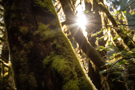 close-up of mossy tree trunk, with rays of sunlight shining through the canopy, created with generative aiの素材