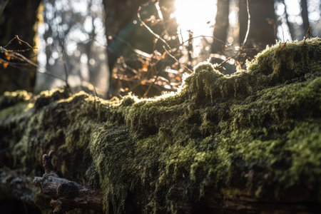 close-up of moss on tree trunk, with the sun shining through the trees, created with generative aiの素材