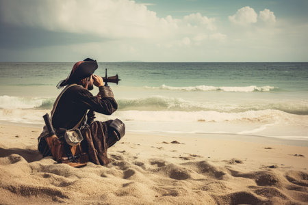 pirate, sitting on beach with telescope in hand, searching the horizon for any sign of danger, created with generative aiの素材