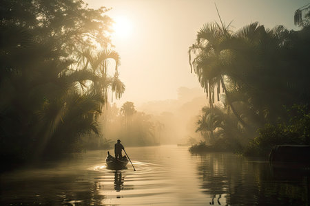 pirate, fishing on quiet lagoon, surrounded by towering palm trees and misty morning, created with generative aiの素材
