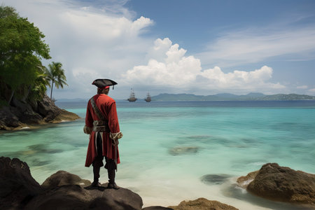 pirate captain, lost at sea, with view of tropical island in the distance, created with generative aiの素材