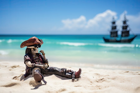 pirate, sunbathing on white sand beach, enjoying the view of blue ocean and clear skies, created with generative aiの素材