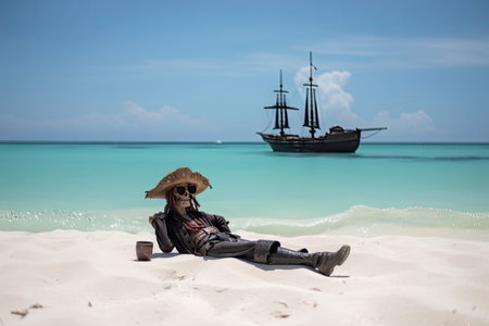 pirate, sunbathing on white sand beach, enjoying the view of blue ocean and clear skies, created with generative aiの素材