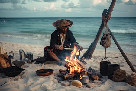 pirate, cooking fish and coconut on beach bonfire, created with generative aiの素材