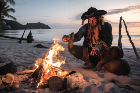 pirate, cooking fish and coconut on beach bonfire, created with generative aiの素材