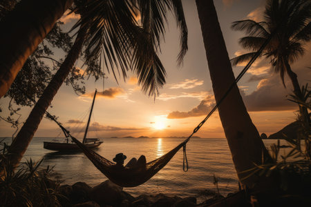 pirate, relaxing on hammock under palm trees with view of sunset, created with generative aiの素材