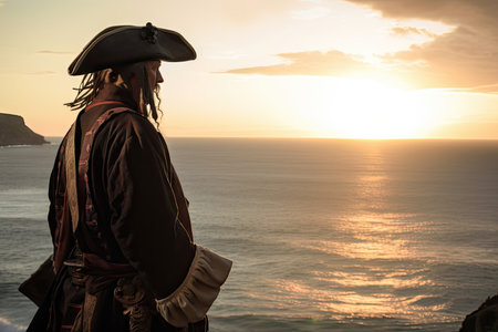 pirate, gazing out to sea, with view of sunset over the horizon, created with generative aiの素材