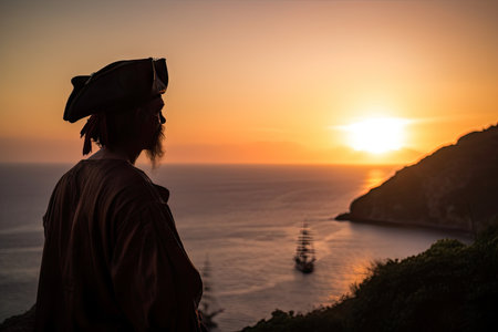 pirate, gazing out to sea, with view of sunset over the horizon, created with generative aiの素材