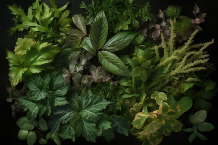 plant leaf explosion, viewed from above, with a variety of different leaves visible, created with generative aiの素材