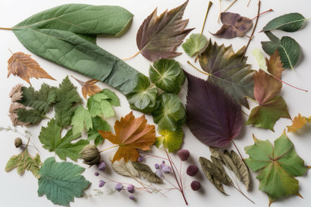 plant leaf explosion, viewed from above, with a variety of different leaves visible, created with generative aiの素材
