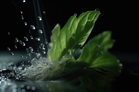 plant leaf explosion in slow motion, with droplets of water and light shining, created with generative aiの素材