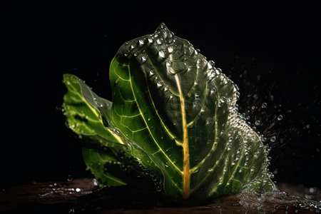 plant leaf explosion in slow motion, with droplets of water and light shining, created with generative aiの素材