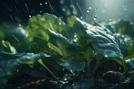 plant leaf explosion in slow motion, with droplets of water and light shining, created with generative aiの素材