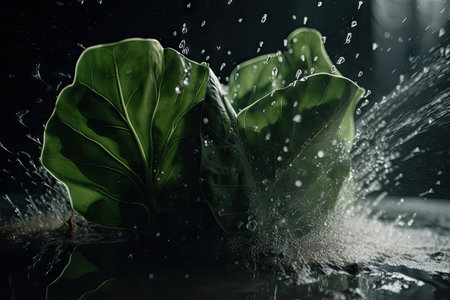 plant leaf explosion in slow motion, with droplets of water and light shining, created with generative aiの素材