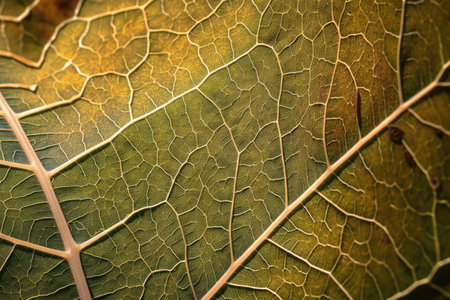 close-up of leaf, with intricate veins and texture visible, created with generative aiの素材