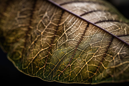 close-up of plant leaf, with intricate veins and texture visible, created with generative aiの素材