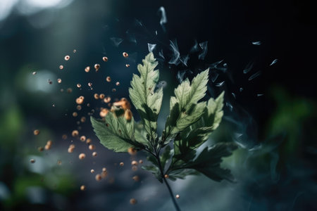 plant leaf explosion with blurred background, creating dramatic effect, created with generative aiの素材