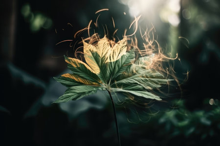 plant leaf explosion with blurred background, creating dramatic effect, created with generative aiの素材