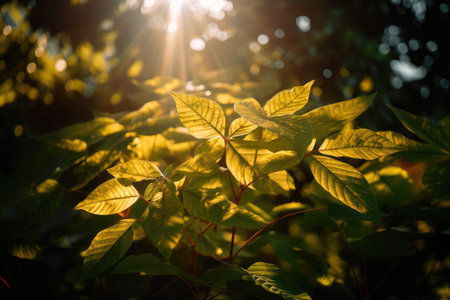 plant leaf explosion, with the sun shining through the leaves, creating a warm and peaceful atmosphere, created with generative aiの素材