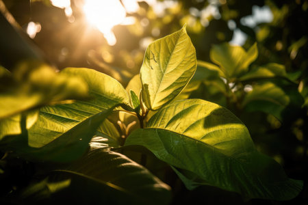 plant leaf explosion, with the sun shining through the leaves, creating a warm and peaceful atmosphere, created with generative aiの素材