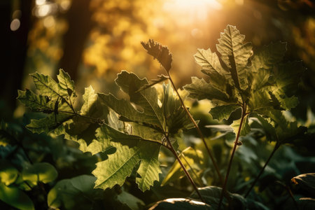 plant leaf explosion, with the sun shining through the leaves, creating a warm and peaceful atmosphere, created with generative aiの素材