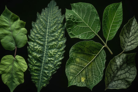 plant leaf explosion, with close-up of individual leaves, each with unique patterns and textures, created with generative aiの素材