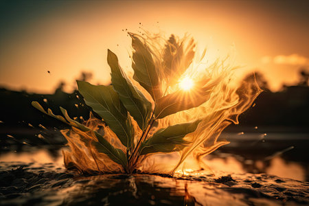plant leaf explosion with sunset in the background, created with generative aiの素材