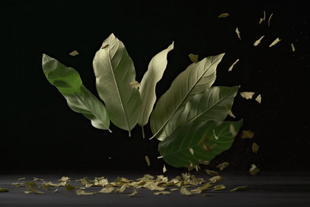 plant leaf explosion in slow motion, with individual leaves and petals flying outward, created with generative aiの素材