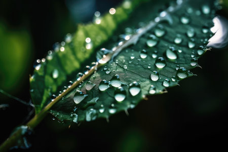 macro shot of plant leaf with dew drops and light shining through, created with generative aiの素材