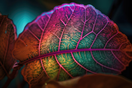close-up of plant leaf with burst of vibrant colors and intricate patterns, created with generative aiの素材