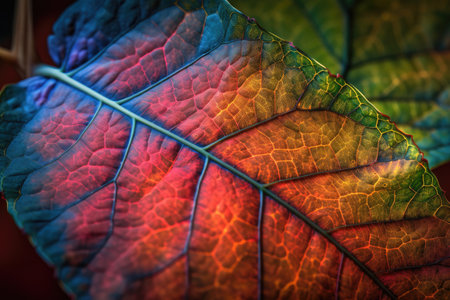 close-up of plant leaf with burst of vibrant colors and intricate patterns, created with generative aiの素材