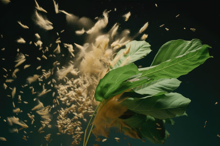plant leaf explosion caught in slow motion, with individual leaves flying past the camera, created with generative aiの素材