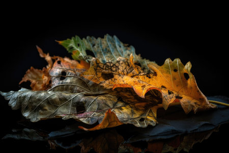plant leaf explosion in reverse, with decomposition and decay of leaves, created with generative aiの素材