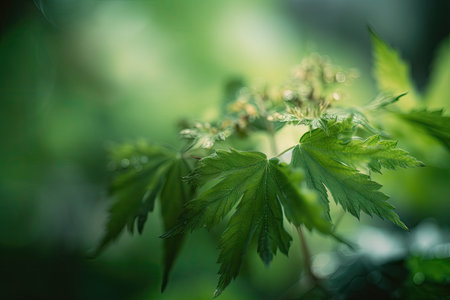 plant leaf explosion with focus on vibrant green leaves and blurry background, created with generative aiの素材