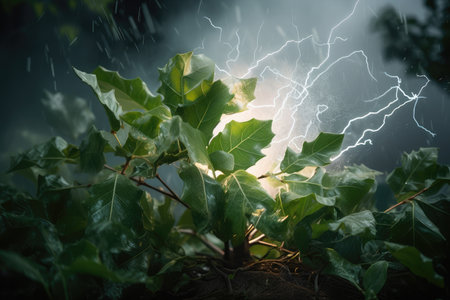 plant leaf explosion in the midst of a thunderstorm, with lightning bolts striking nearby, created with generative aiの素材