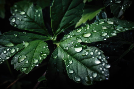 close-up of droplets of dew on plant leaf, creating natural pattern, created with generative aiの素材
