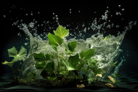 plant leaf explosion underwater, with leaves and stems floating in current, created with generative aiの素材