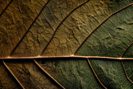 close-up of a single leaf, with veins and texture in full view, created with generative aiの素材